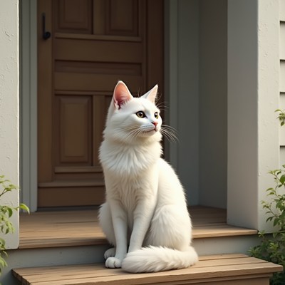 White cat sitting on wooden steps near front door