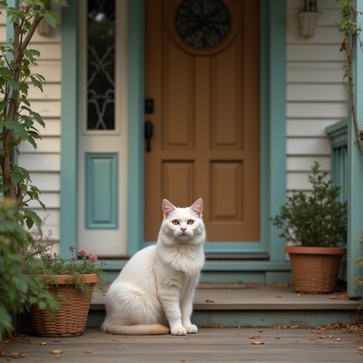White cat sits gracefully on the porch steps