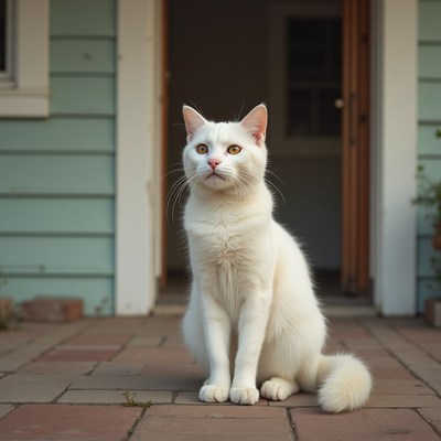 White cat sitting on patio in front of house
