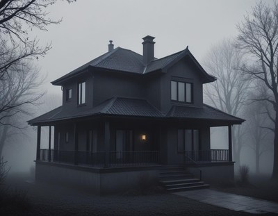 Mysterious dark house surrounded by fog in eerie atmosphere
