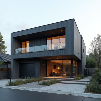 Modern home with warm lights during twilight hours