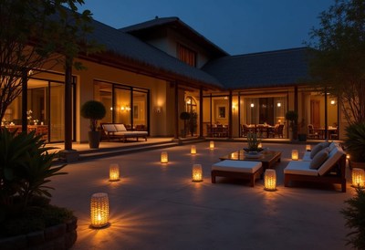 Elegant outdoor patio illuminated by lanterns at night