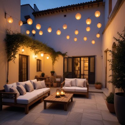 Cozy outdoor seating area illuminated by lanterns at dusk
