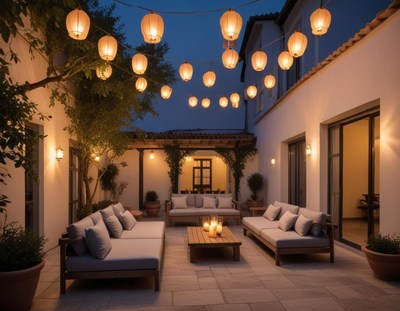Cozy outdoor patio with lanterns and comfortable seating