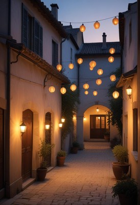 Quiet alley illuminated by lanterns at dusk