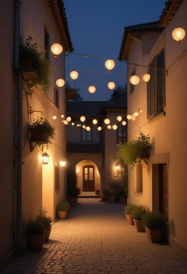 Charming alley illuminated by lanterns at night