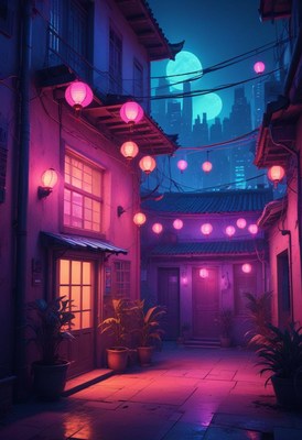 Evening lanterns illuminate a quiet street in the city