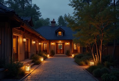 Welcoming pathway lights illuminate a cozy cabin at night