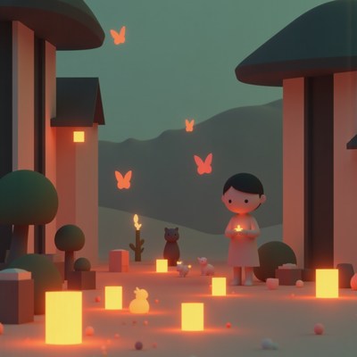 Child holding candle in a whimsical forest at dusk