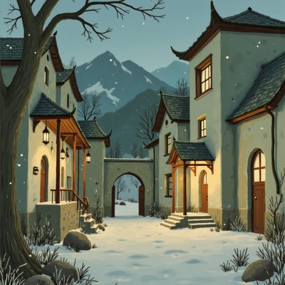 Winter evening in a serene mountain village