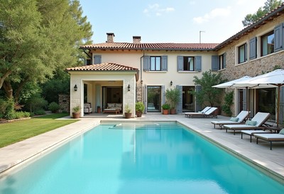 Elegant villa with a serene pool in a lush garden