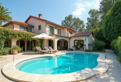 Luxurious villa with pool surrounded by greenery