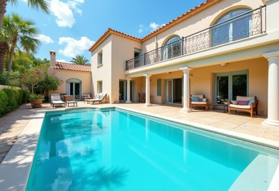 Sunny day by the tranquil poolside in a lovely villa