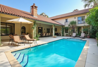 Relaxing afternoon by the pool in a beautiful backyard