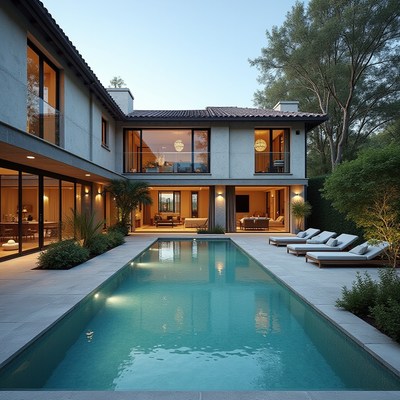 Modern villa with pool during twilight hours