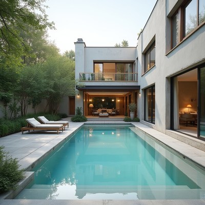 Modern home with serene pool and lush greenery