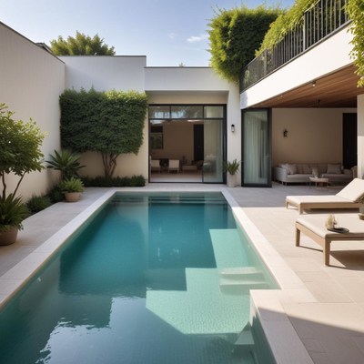 Modern indoor pool area with lush greenery and sunlight