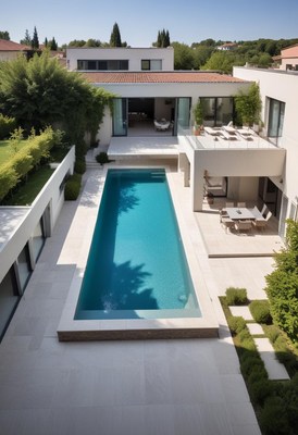Modern villa with a serene swimming pool in a lush garden