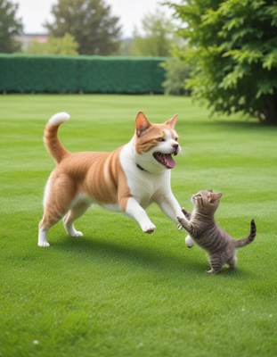 Happy dog playing with kitten in sunny garden