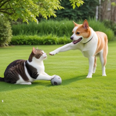 Cat and dog play together in sunny garden