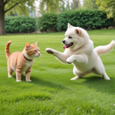 Playful dog interacts with curious cat in green park