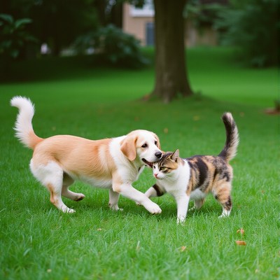 Dogs and cats play together in a green park