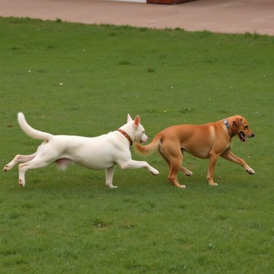 Two dogs playing joyfully in a park on a sunny day