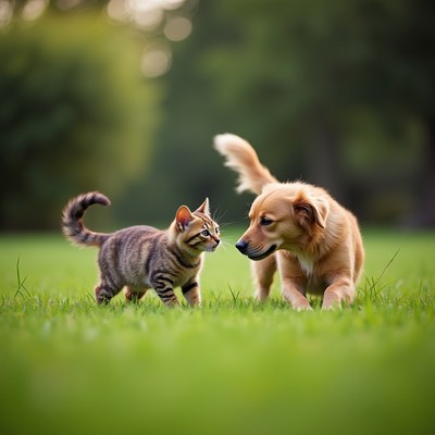 Cat and dog play together in a sunny garden