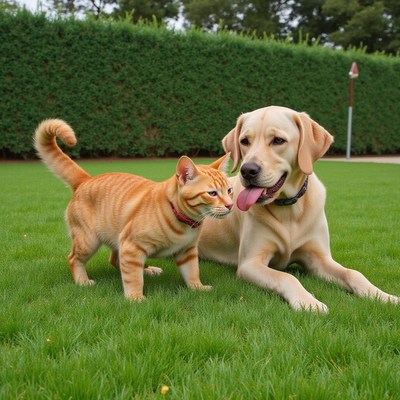 Playful cat and dog enjoy afternoon in the garden