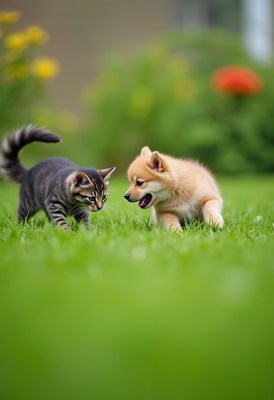 Playful kitten and puppy enjoying a sunny day outdoors