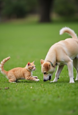 Playful interaction between a cat and dog in a park