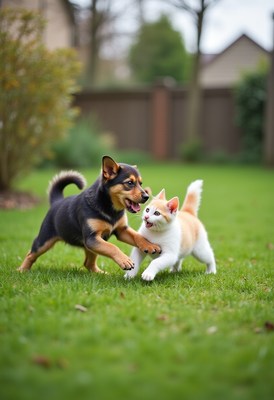 Dogs and cats enjoy playful chasing in a green yard