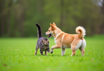 Corgi and cat play together in a green field