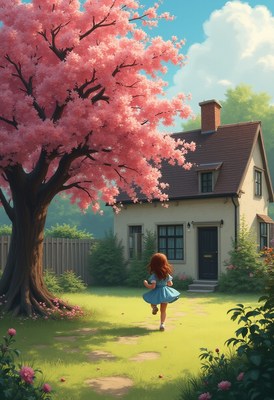 Girl running toward charming house under blooming tree