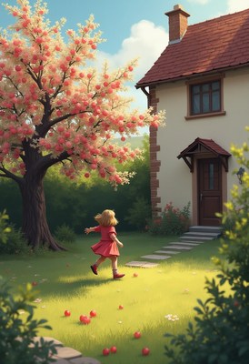 Child enjoying a sunny day near a blooming tree