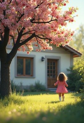 Child walks towards a house under blooming cherry blossoms