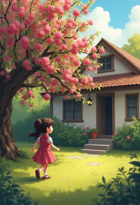 Girl running towards her house in springtime garden
