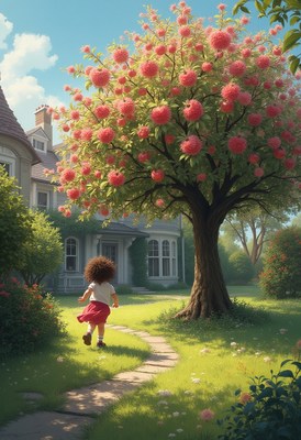 Child running towards blooming tree in sunny garden