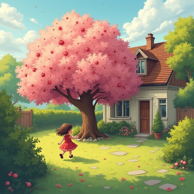 Girl enjoying a sunny day by a colorful tree and cottage