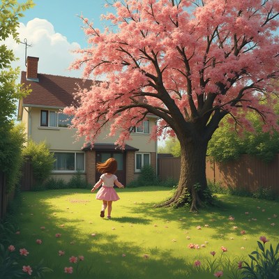 Girl in a pink dress runs toward a blossoming tree