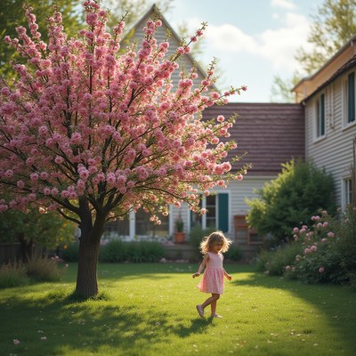 Little girl plays joyfully under blooming cherry tree