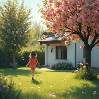 Child runs through garden blooming with pink flowers