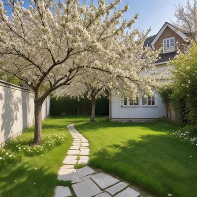 Blossoming cherry trees in a serene garden setting