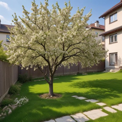 Blooming tree in a sunny backyard with green grass