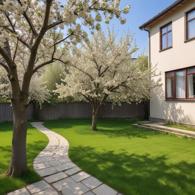 Blossoming cherry trees in a serene garden setting