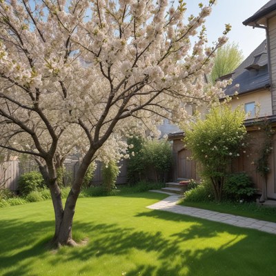 Blossoming cherry tree in a vibrant garden during spring
