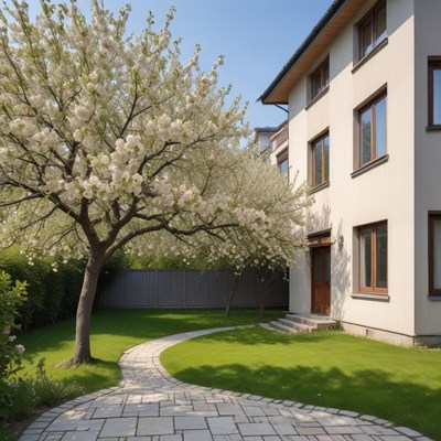Spring blooms surround a charming home in a sunny garden