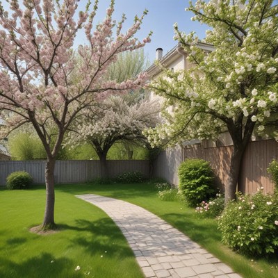 Charming garden with blossoming trees in springtime