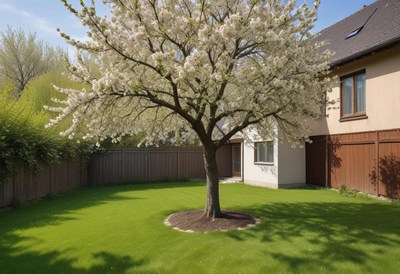 Blossoming tree in a sunny backyard with green grass