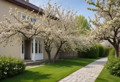 Blossoming cherry trees line a garden path in spring